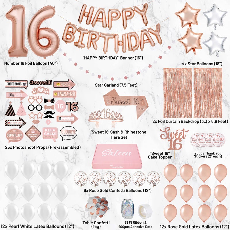 PartyHooman Sweet 16 Birthday Decorations Rose Gold With Sweet 16 Sash and Tiara Set, 2Pcs Backdrop, 25Pcs Pre-assembled Photo Booth Props, Balloons, Cake Topper | 16th birthday decorations for girls - Image 2